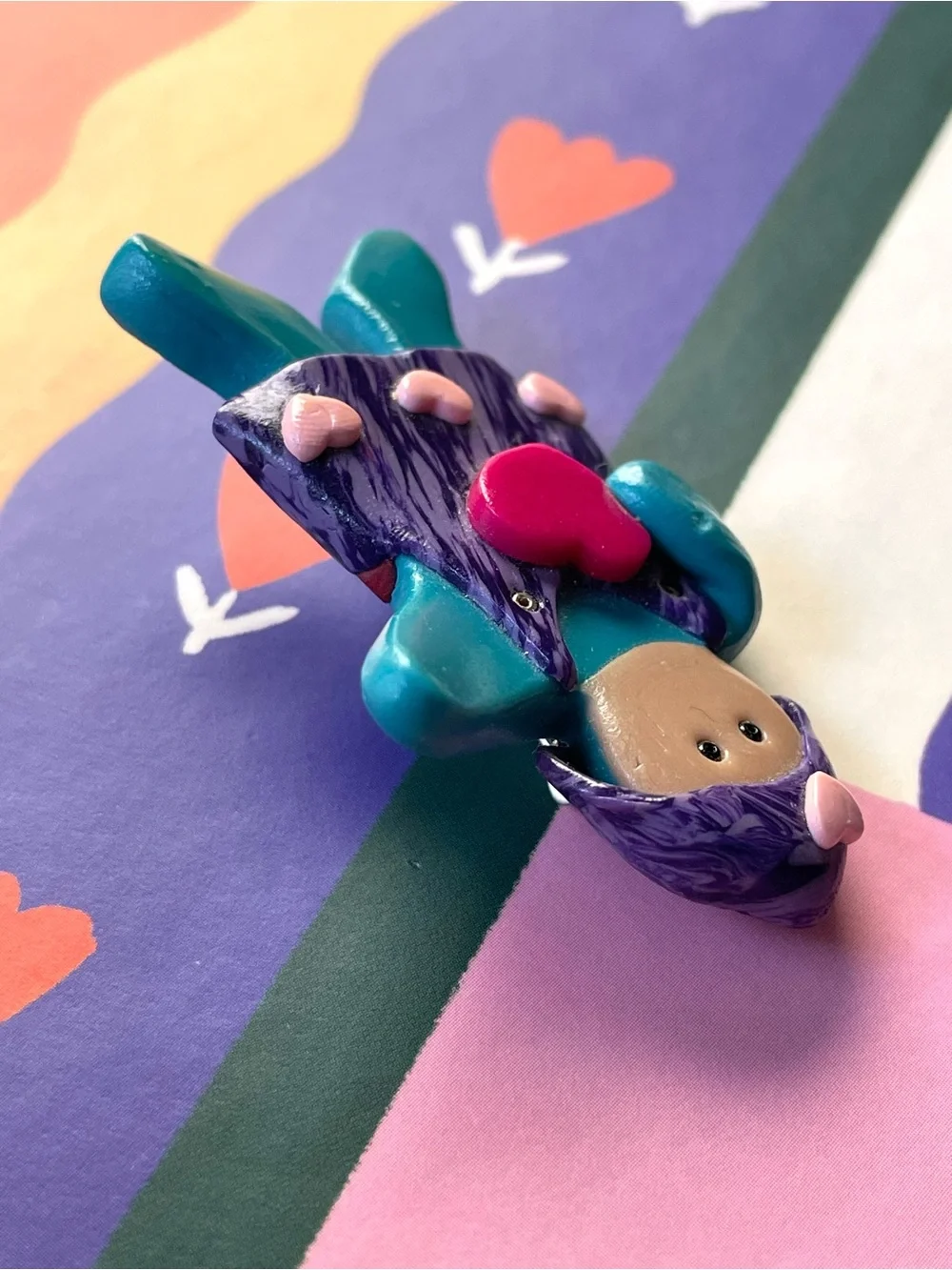 Adorable vintage/style polymer clay girl child brooch w/ hearts